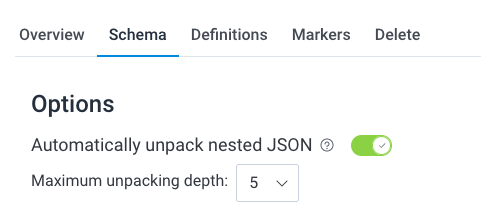 按照上述说明在 Honeycomb 面板中切换 <code>自动解压缩嵌套 JSON </code>并将 <code>最大解压缩深度 </code>选项设置为 5